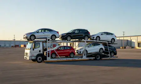 Car transporter loaded with vehicles in Madison, Wisconsin, United States