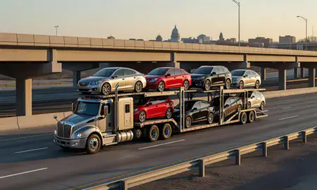 Car transporter with the Madison, Wisconsin, United States skyline behind it