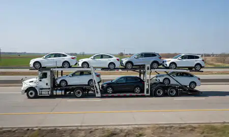 Multi-level car carrier on the highway to Manitowoc, Wisconsin, United States