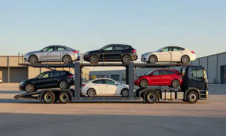 Car transporter parked in an industrial area of Manitowoc, Wisconsin, United States