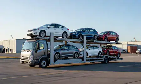 Car transporter loaded with vehicles in Manitowoc, Wisconsin, United States