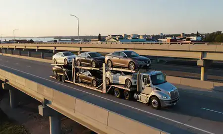 Car transporter with the Manitowoc, Wisconsin, United States skyline behind it