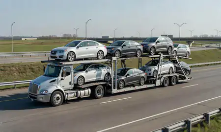 Multi-level car carrier on the highway to Menomonee Falls, Wisconsin, United States