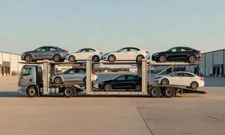 Car transporter parked in an industrial area of Menomonee Falls, Wisconsin, United States