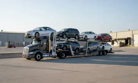 Car transporter loaded with vehicles in Menomonee Falls, Wisconsin, United States