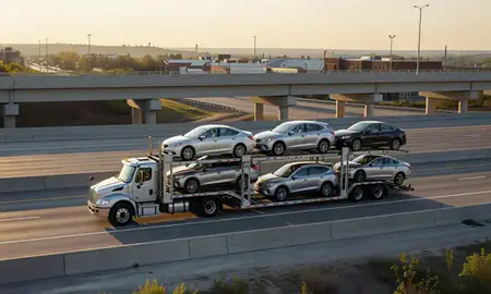 Car transporter with the Menomonee Falls, Wisconsin, United States skyline behind it