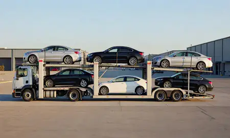 Car transporter parked in an industrial area of Milwaukee, Wisconsin, United States