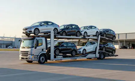 Car transporter loaded with vehicles in Milwaukee, Wisconsin, United States