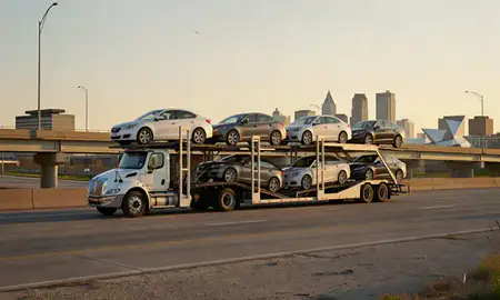 Car transporter with the Milwaukee, Wisconsin, United States skyline behind it