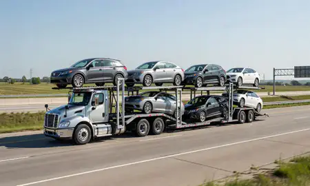 Multi-level car carrier on the highway to Mount Pleasant, Wisconsin, United States