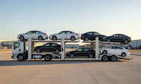 Car transporter parked in an industrial area of Mount Pleasant, Wisconsin, United States