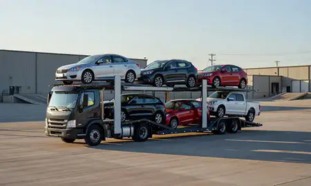 Car transporter loaded with vehicles in Mount Pleasant, Wisconsin, United States