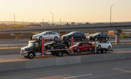 Car transporter with the Mount Pleasant, Wisconsin, United States skyline behind it