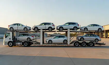 Car transporter parked in an industrial area of Neenah, Wisconsin, United States
