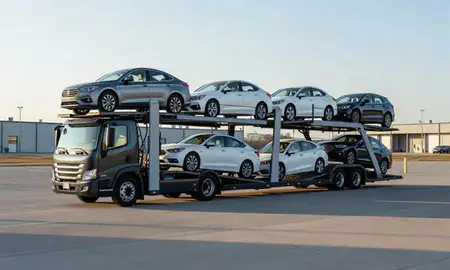 Car transporter loaded with vehicles in Neenah, Wisconsin, United States