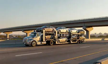 Car transporter with the Neenah, Wisconsin, United States skyline behind it
