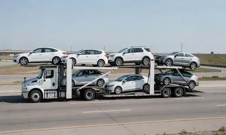 Multi-level car carrier on the highway to New Berlin, Wisconsin, United States