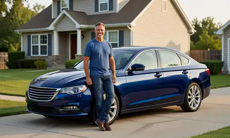 Customer with their delivered car in New Berlin, Wisconsin, United States