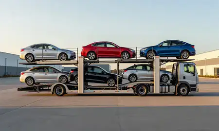Car transporter parked in an industrial area of New Berlin, Wisconsin, United States