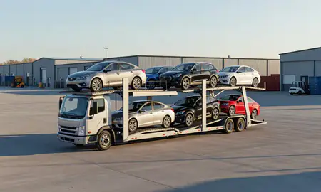 Car transporter loaded with vehicles in New Berlin, Wisconsin, United States