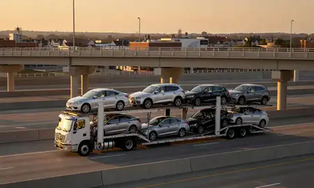 Car transporter with the New Berlin, Wisconsin, United States skyline behind it