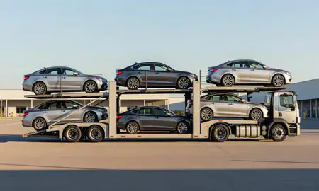 Car transporter parked in an industrial area of Oak Creek, Wisconsin, United States