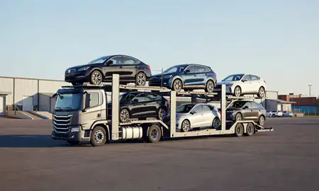 Car transporter loaded with vehicles in Oak Creek, Wisconsin, United States