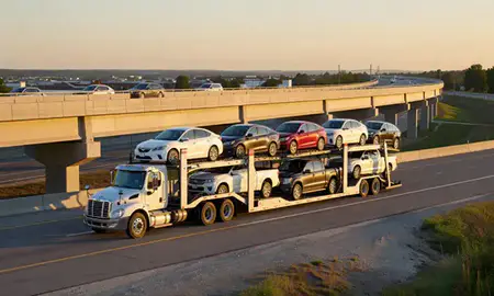 Car transporter with the Oak Creek, Wisconsin, United States skyline behind it