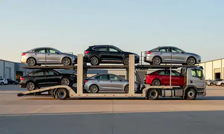 Car transporter parked in an industrial area of Oshkosh, Wisconsin, United States