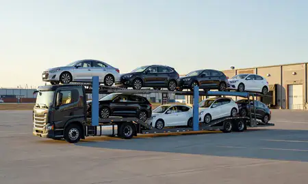Car transporter loaded with vehicles in Oshkosh, Wisconsin, United States