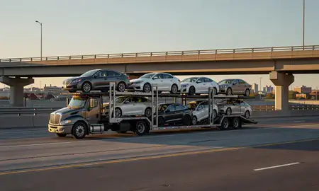 Car transporter with the Oshkosh, Wisconsin, United States skyline behind it