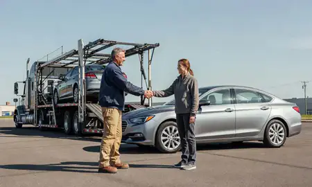 Vehicle owner beside their delivered car in Racine, Wisconsin, United States