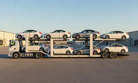 Car transporter parked in an industrial area of Racine, Wisconsin, United States
