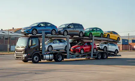Car transporter loaded with vehicles in Racine, Wisconsin, United States