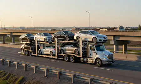 Car transporter with the Racine, Wisconsin, United States skyline behind it