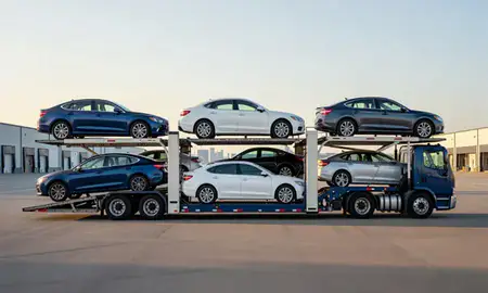 Car transporter parked in an industrial area of Sheboygan, Wisconsin, United States