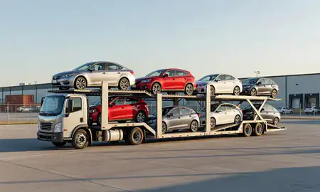 Car transporter loaded with vehicles in Sheboygan, Wisconsin, United States