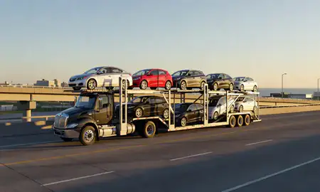 Car transporter with the Sheboygan, Wisconsin, United States skyline behind it