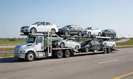Multi-level car carrier on the highway to Sun Prairie, Wisconsin, United States