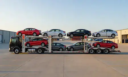 Car transporter parked in an industrial area of Sun Prairie, Wisconsin, United States