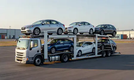 Car transporter loaded with vehicles in Superior, Wisconsin, United States