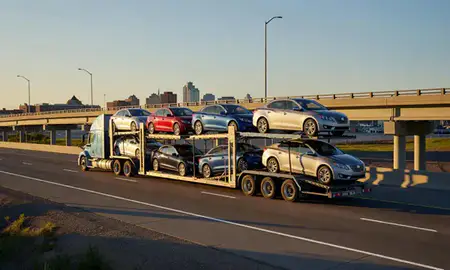 Car transporter with the Superior, Wisconsin, United States skyline behind it
