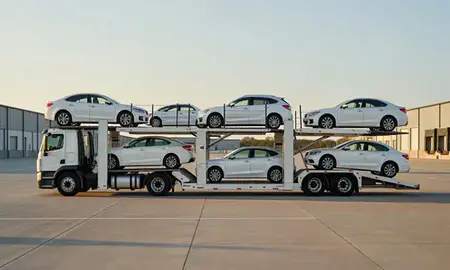 Car transporter parked in an industrial area of Waukesha, Wisconsin, United States