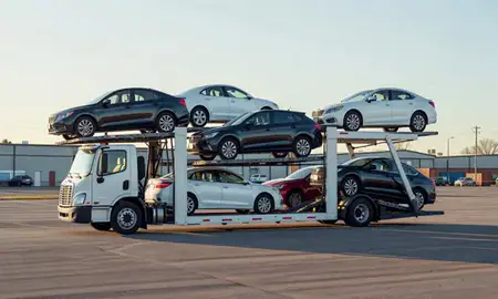 Car transporter loaded with vehicles in Waukesha, Wisconsin, United States