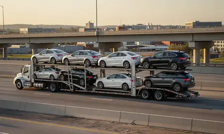 Car transporter with the Waukesha, Wisconsin, United States skyline behind it