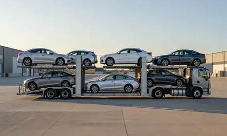Car transporter parked in an industrial area of Wausau, Wisconsin, United States