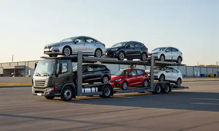 Car transporter loaded with vehicles in Wausau, Wisconsin, United States