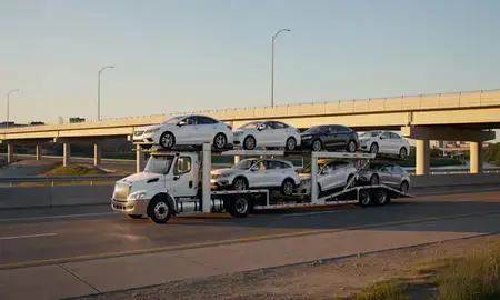 Car transporter with the Wausau, Wisconsin, United States skyline behind it