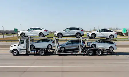 Multi-level car carrier on the highway to Wauwatosa, Wisconsin, United States