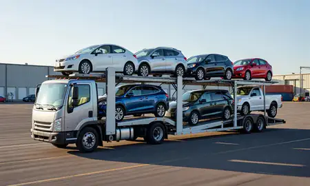 Car transporter loaded with vehicles in Wauwatosa, Wisconsin, United States